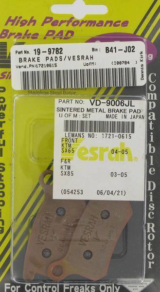 VESRAH VD-352JL SINTERED METAL BRAKE PADS Sintered//Metal VD-352JL 970735