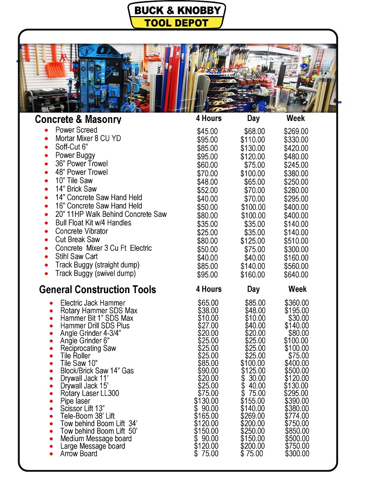 Rental Price Page Buck Knobby Equipment Tool Depot Ottawa - 