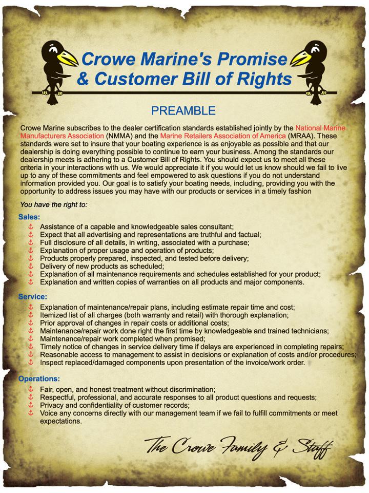 Customer Bill Of Rights Customer Bill of Rights Crowe Marine Eatonton, GA (706) 485-9600